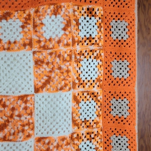 Handmade Orange/White/Grey Granny Square Afghan 51 X 57 - Picture 2 of 4